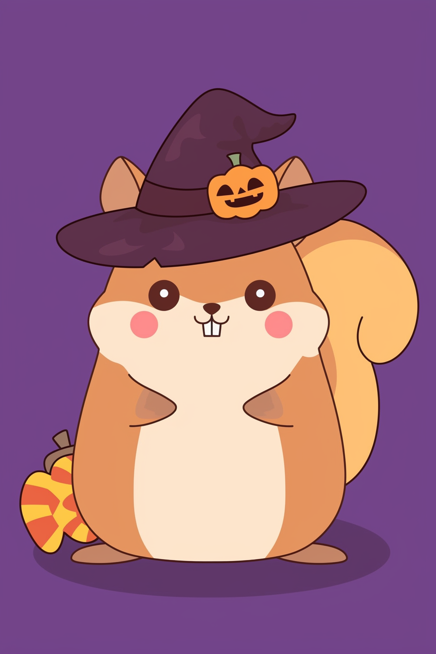 halloween cute animals drawings 2 illustration of a squirrel dressed as a witch with a pumpkin hat.
